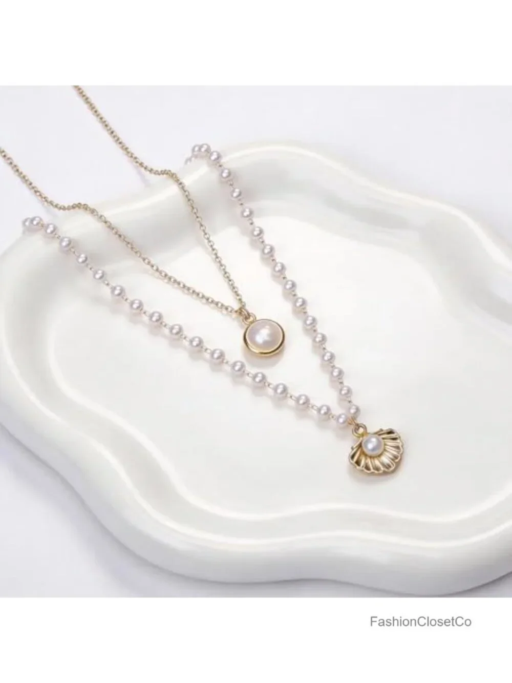 Layered Pearl Shell Necklace Women Boho Coastal Dainty Gold-tone Charm Jewelry